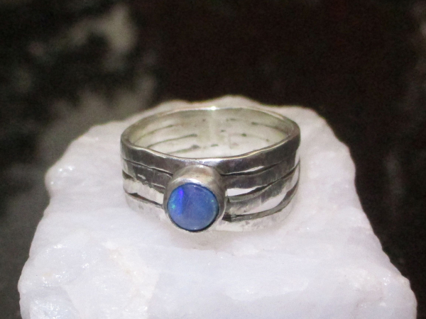 Handmade Australian Opal Wave Ring Blue Opal 925 Sterling Silver Size 7.75 Wide