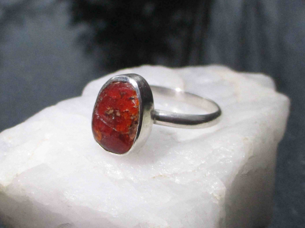 Fire Opal Ring 925 Sterling Silver with Natural Mexican Opal in Matrix Size 9 Ha