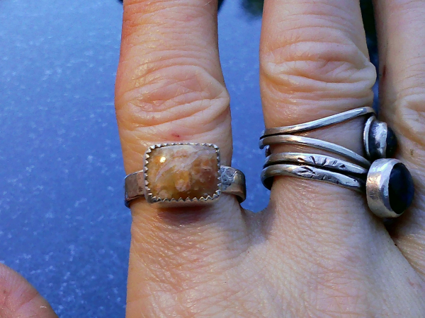 Handmade Sterling Silver Garden Quartz Ring: Textured Band, Orange Yellow Inclus