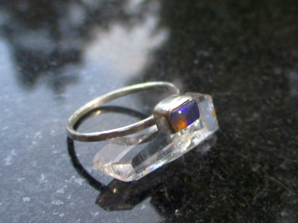 Black Opal Silver Ring in Size 7 Natural Ethiopian Welo Fire Opal Freeform Oval