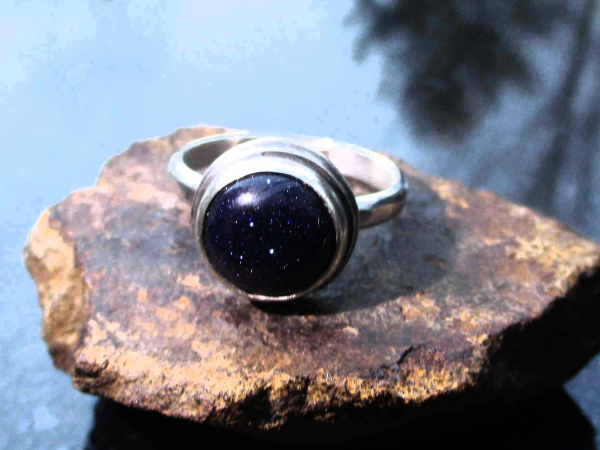 Handmade Blue Goldstone Ring Size 6.5 Set in 925 Sterling Silver Galaxy Ring wit