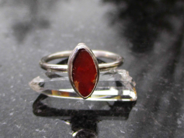 Fire Opal Ring Sterling Silver Size 6 with Natural Mexican Fire Opal in Matrix H