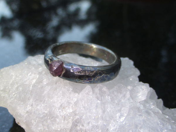 Handmade Ruby Crystal Ring Cast in 925 Sterling Silver Size 8 1/4 Ring with Text