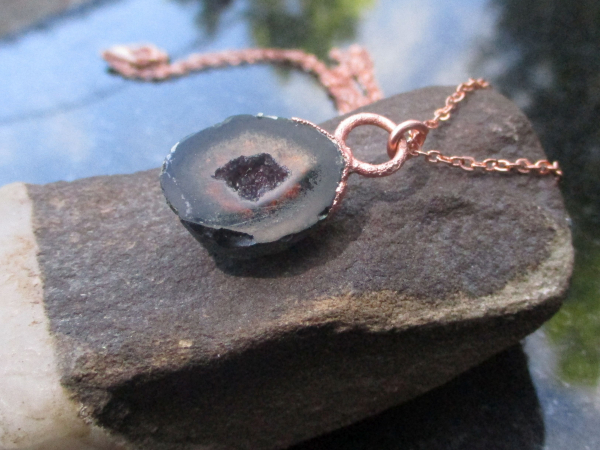 Handmade Druzy Geode Copper Electroformed Necklace with Black Tabasco Geode Quar