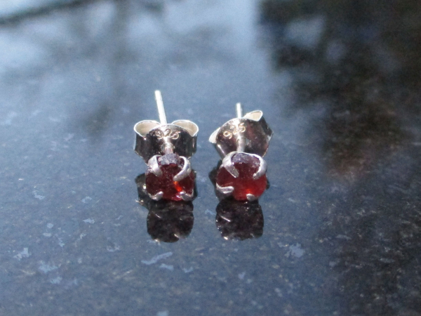 Raw Garnet Stud Earrings in Sterling Silver Small 5mm Red Stone January Birthsto