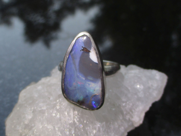 Handmade Boulder Opal Ring Sterling Silver Size 8.5 with Natural Australian Opal