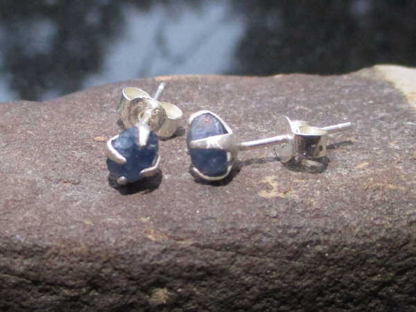 Raw Blue Sapphire Earrings Studs in 925 Sterling Silver Minimalist 5mm Small Sto