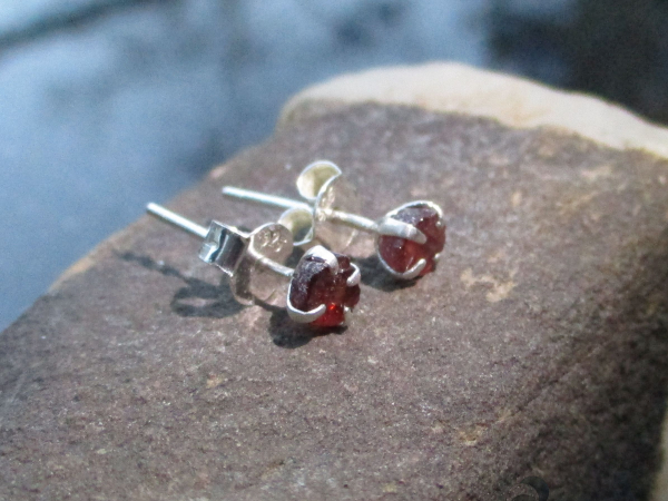 Raw Garnet Stud Earrings in Sterling Silver Small 5mm Red Stone January Birthsto
