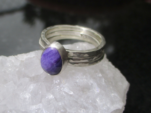 Charoite Stacking Ring Set in 925 Sterling Silver Size 7 with Natural Purple Fac