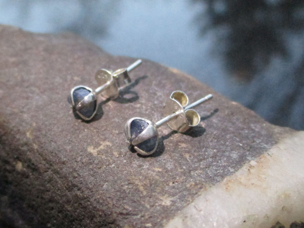 Raw Blue Sapphire Earrings Studs in 925 Sterling Silver Minimalist 5mm Small Sto