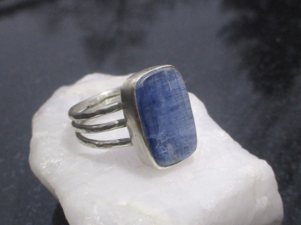 Blue Kyanite Statement Ring 925 Sterling Silver Size 8.75 Rectangle Handmade Rin