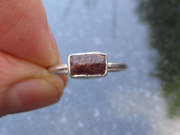 Size 6 Handmade Raw Ruby Bar Crystal Stacking Ring in Sterling Silver With Thin