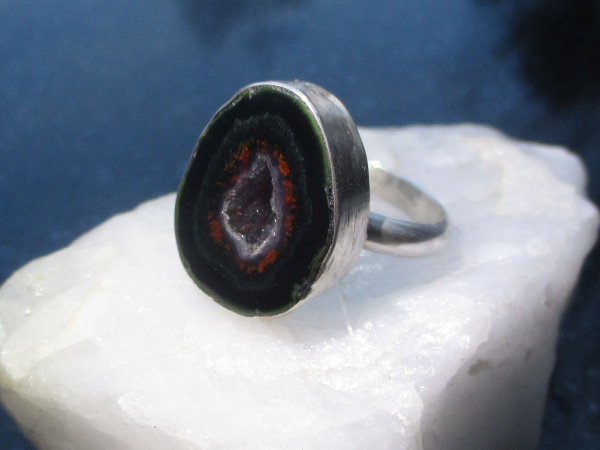 Druzy Geode Ring in Sterling Silver Size 8 Black Tabasco Geode Gemstone Jewelry