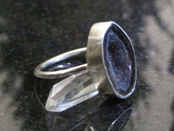 Geode Ring in Sterling Silver Size 7 Black Druzy Tabasco Geode Gemstone Jewelry