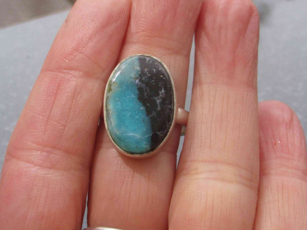 Handmade Opal Ring Set in 925 Sterling Silver with Natural Blue Green Indonesian