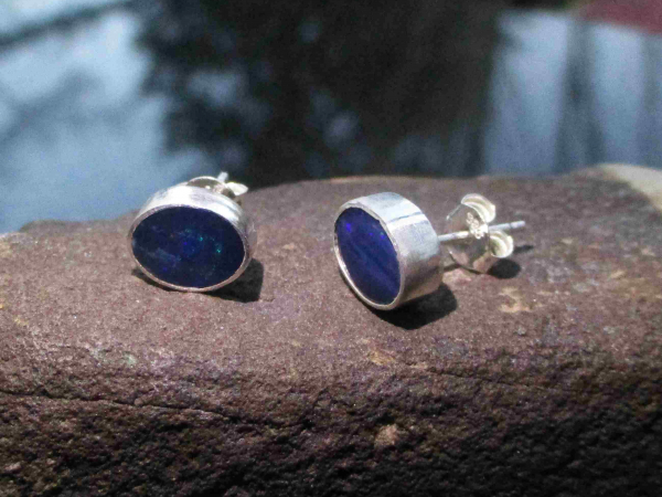 Handmade Blue Opal Stud Earrings in Sterling Silver Natural Blue Australian Opal