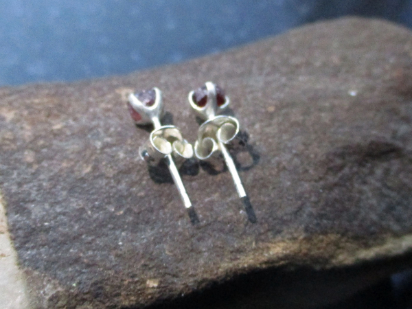 Raw Garnet Stud Earrings in Sterling Silver Small 5mm Red Stone January Birthsto