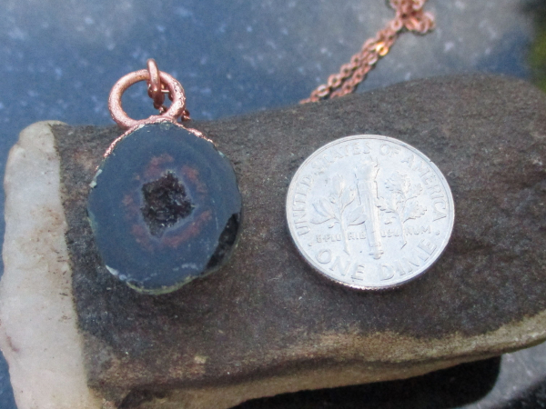 Handmade Druzy Geode Copper Electroformed Necklace with Black Tabasco Geode Quar