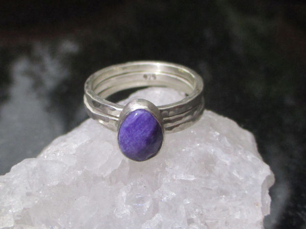 Charoite Stacking Ring Set in 925 Sterling Silver Size 7 with Natural Purple Fac