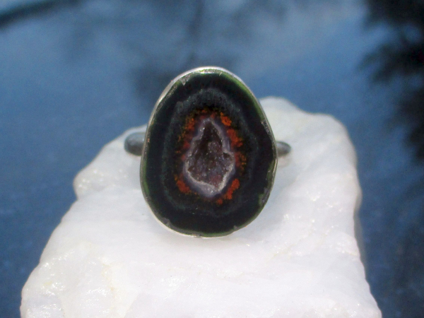 Druzy Geode Ring in Sterling Silver Size 8 Black Tabasco Geode Gemstone Jewelry