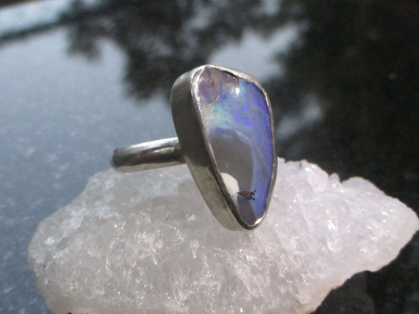 Handmade Boulder Opal Ring Sterling Silver Size 8.5 with Natural Australian Opal