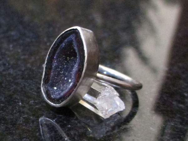 Geode Ring in Sterling Silver Size 7 Black Druzy Tabasco Geode Gemstone Jewelry