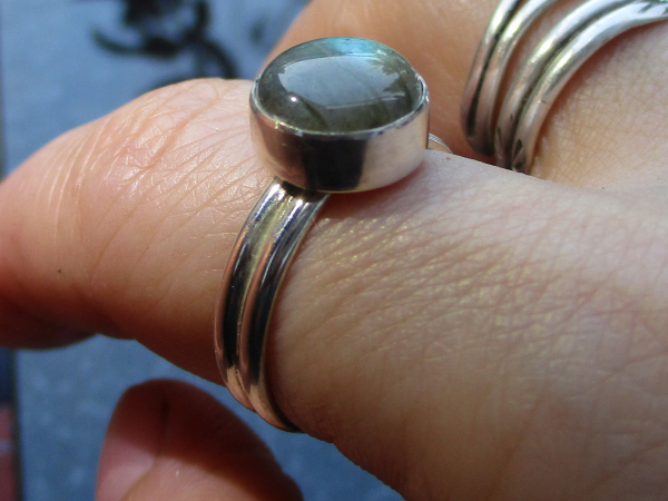 Labradorite Ring Size 7.5 Set in Sterling Silver with Round Stone Natural Labrad