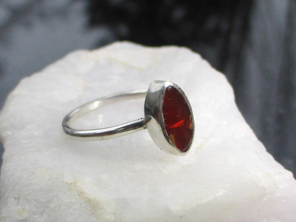 Fire Opal Ring Sterling Silver Size 6 with Natural Mexican Fire Opal in Matrix H