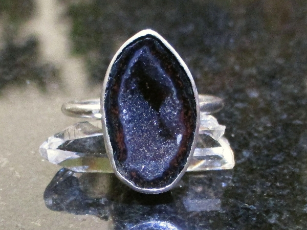Geode Ring in Sterling Silver Size 7 Black Druzy Tabasco Geode Gemstone Jewelry