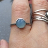 Blue Chalcedony Silver Stacking Ring Size 8 Round Rose Cut Agate Gemstone Hammer