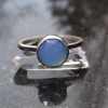 Blue Chalcedony Silver Stacking Ring Size 8 Round Rose Cut Agate Gemstone Hammer