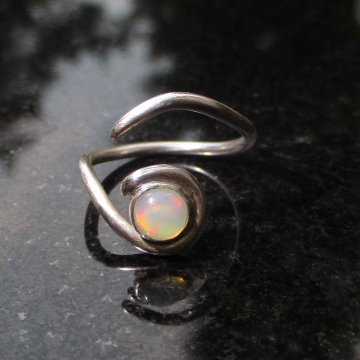Handmade Opal Eye Ring Adjustable Set in 925 Sterling Silver Size 6 October Birt