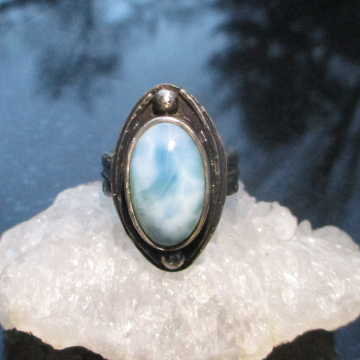 Handmade Larimar Ring 925 Sterling Silver Statement Blue Gemstone Ring