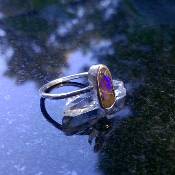 Boulder Opal Ring, with Australian Opal 925 Sterling Silver Size 8 Handmade Silv