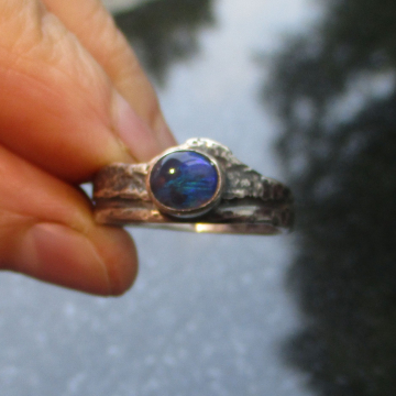 Handmade Oval Black Opal Ring Textured Sterling Silver Band Size 8.5