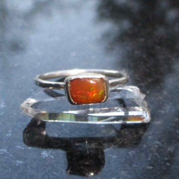Handmade Fire Opal Ring Sterling Silver Size 5 with Natural Mexican Opal