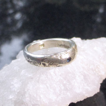Handmade Blue Sapphire Ring Sterling Silver Textured Band Size 6.5