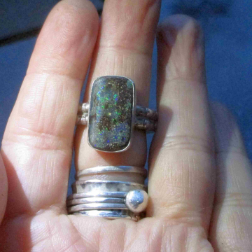Boulder Opal Ring Statement 925 Sterling Silver Australian Opal Handmade Rings f