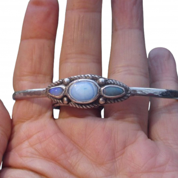 Handmade Turquoise Opal Bracelet in Sterling Silver 3 Stone Cuff Bangle with Natural Turquoise and Australian Opal Handmade Turquoise Opal Bracelet in Sterling Silver 3 Stone Cuff Bangle with Nat