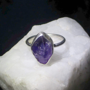 Amethyst Ring Sterling Silver with Natural Purple Amethyst Crystal February Birt
