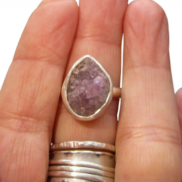 Druzy Amethyst Ring Sterling Silver Handmade Crystal Rings for Women