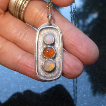 Handmade Opal Silver Necklace, 925 Sterling Silver, Rectangle Pendant, Long Layering Necklaces for Women