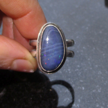 Australian Opal Ring 925 Sterling Silver Handmade Rings Size 8.5 Statement Ring with Blue Opal and Double Band