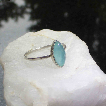 Handmade Blue Opal Stacking Ring Size 5.5 Sterling Silver 925 Minimalist Thin Hammered Band Marquise Andean Opal from Peru
