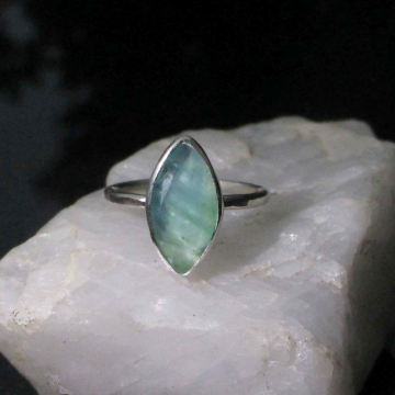 Blue Opal Ring Size 6.5 Set in 925 Sterling Silver Marquise Faceted Natural Andean Opal from Peru with Hammered Band