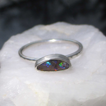 Handmade Boulder Opal Stacking Ring 925 Sterling Silver Size 8 Queensland Australian Boulder Opal
