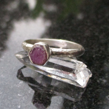 Handmade Size 6.5 Handmade Raw Ruby Crystal Stacking Ring in Sterling Silver With Textured Band July Birthstone Jewelry