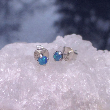 Dainty Opal Stud Earrings: 925 Sterling Silver, Australian Blue-Green Gemstone