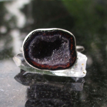 Tabasco Geode Ring In Sterling Silver US Size 9 Black Stone Silver Stackable Geode Statement Ring