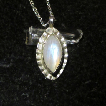 Rainbow Moonstone Necklace in Sterling Silver Blue Flash Moonstone Pendant Marquise Shaped Stone